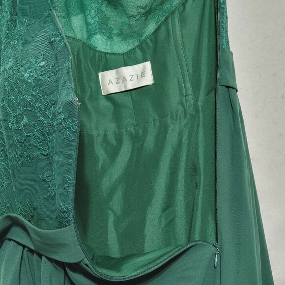 Azazie One Shoulder A-Line Midi Dress Lace Bodice Flowy Lined Green Festive - Picture 7 of 11